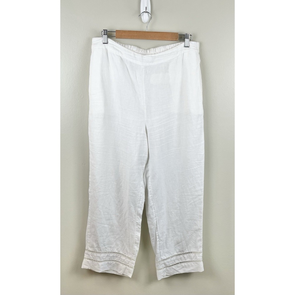 Chicos 100% Linen Straight Leg Crop Pants‎ Size 10 White Pull On Coastal Beach